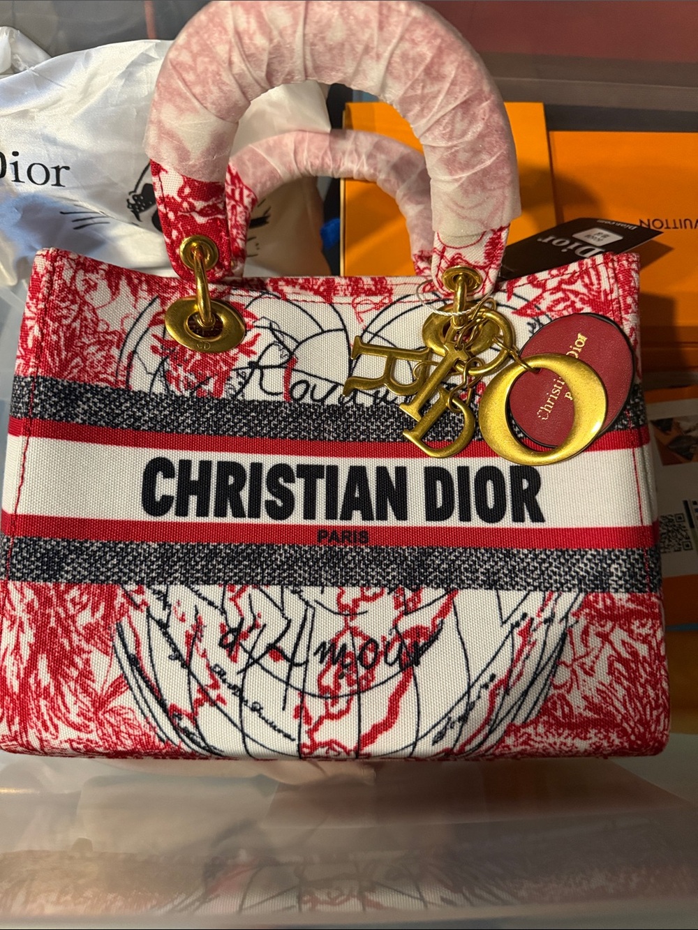 Christian Dior Red and White Embroidered Canvas Tote